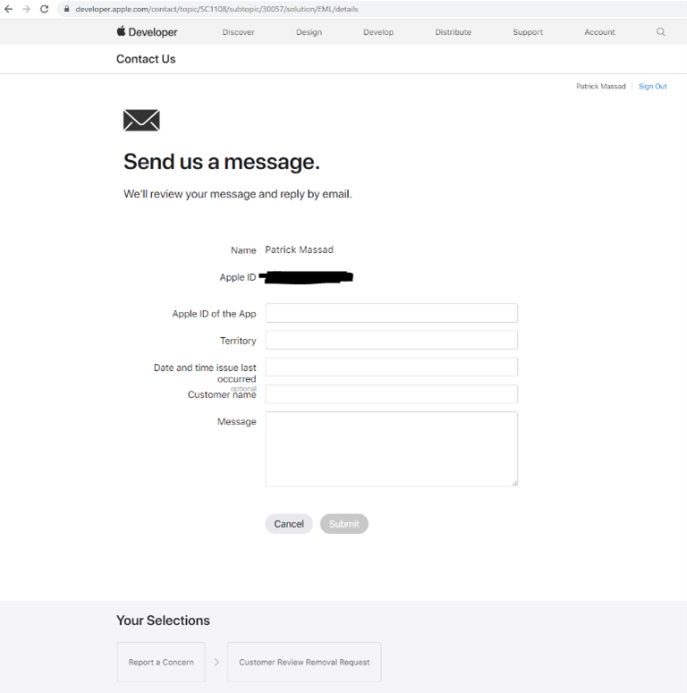 Email submission form for reporting reviews in the Apple system 